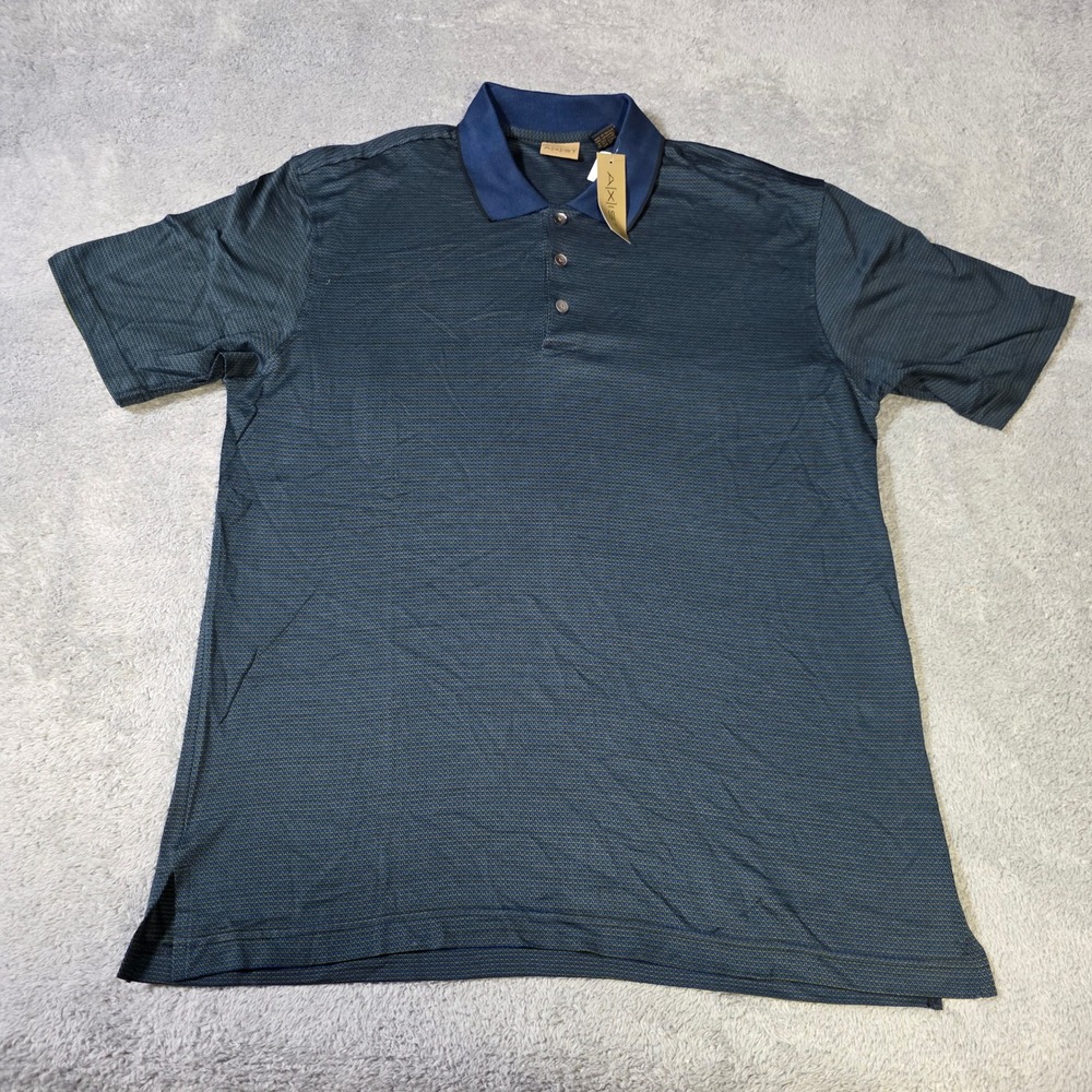 AXIST Mens L Polo Shirt Blue‎ Green Mercerized Cotton Micro Pattern AK2266 NWT